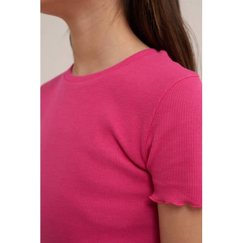 WE Fashion ribgebreid T-shirt intense pink Roze Meisjes Katoen Ronde hals 98 104