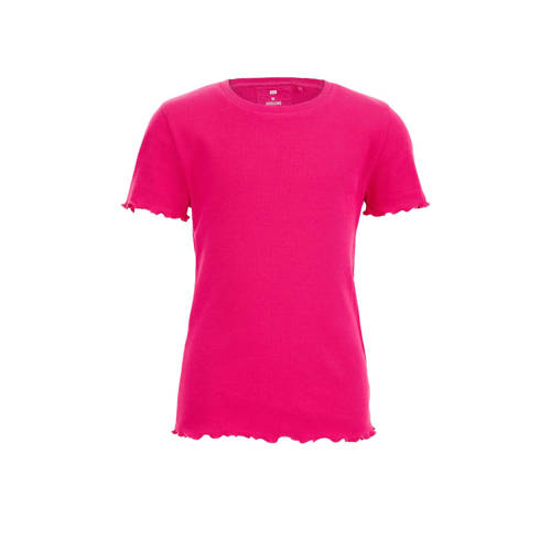 WE Fashion ribgebreid T-shirt intense pink Roze Meisjes Katoen Ronde hals - 110/116