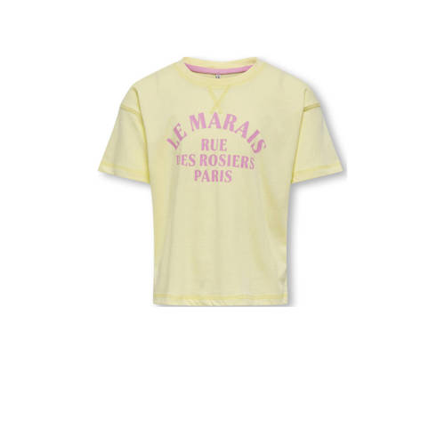 KIDS ONLY GIRL T-shirt KOGSINNA met tekst lichtgeel/roze Meisjes Katoen Ronde hals