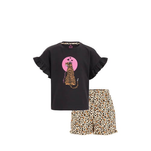 WE Fashion pyjama met all over print zwart/bruin/roze T-shirt Multi Meisjes Stretchkatoen Ronde hals - 110/116