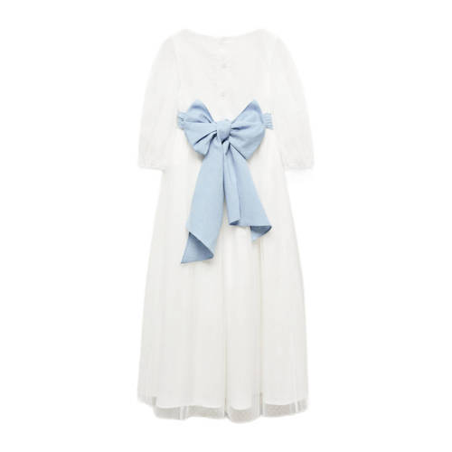 Mango Kids maxi jurk met stippen wit blauw Meisjes Polyester Ronde hals 128