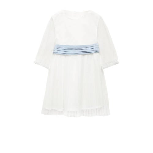 Mango Kids jurk met stippen wit/lichtblauw Meisjes Polyester Ronde hals