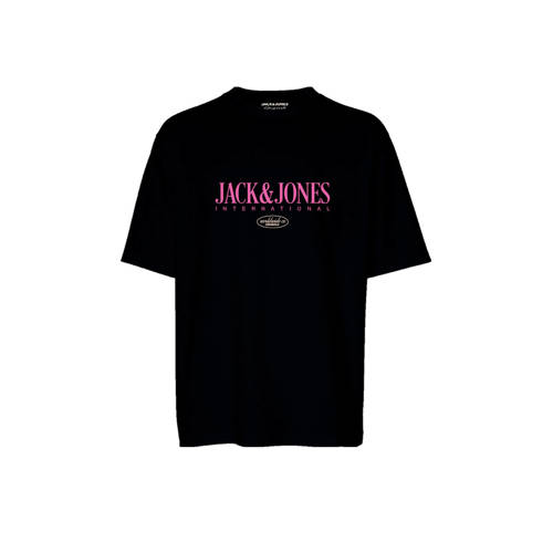 JACK & JONES JUNIOR T-shirt JORLUCCA FASTRUNNER1 met tekst zwart Jongens Katoen Ronde hals