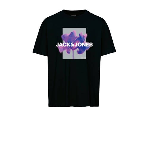 JACK & JONES JUNIOR T-shirt JCOFLORALS met printopdruk zwart Jongens Katoen Ronde hals