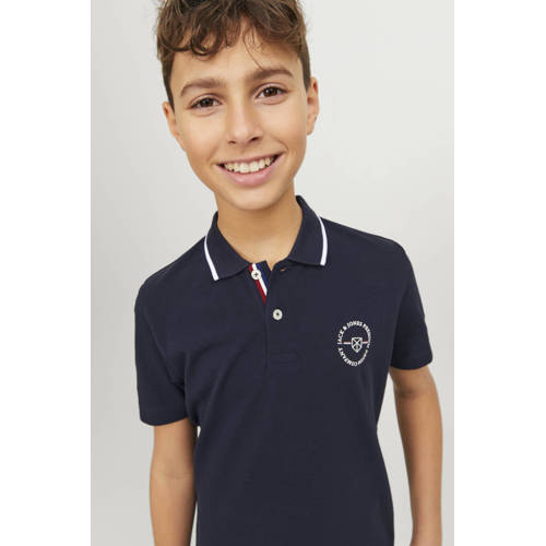 jack & jones JUNIOR polo JPRBLUSHIELD met printopdruk marine Blauw Jongens Katoen Polokraag 128