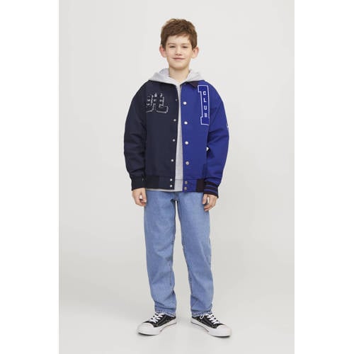 jack & jones JUNIOR bomberjack zomer JORECOLE met printopdruk en 3D applicatie donkerblauw blauw Jas Jongens Polyester Klassieke kraag 152