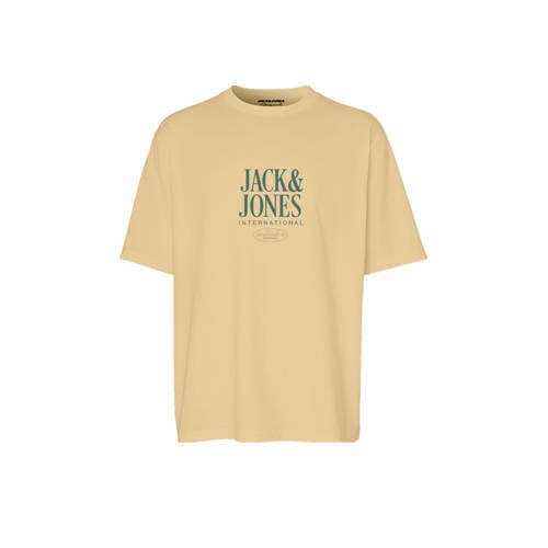 JACK & JONES JUNIOR T-shirt JORLUCCA FASTRUNNER1 met tekst lichtgeel Jongens Katoen Ronde hals