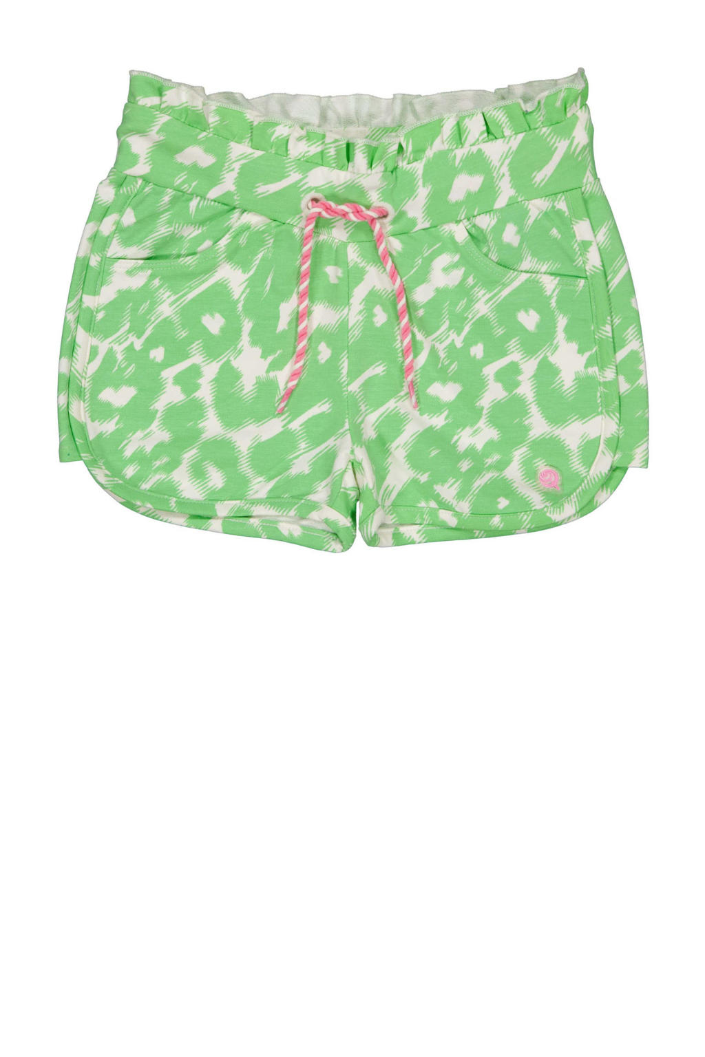 Lichtgroen en witte meisjes Quapi regular fit casual short van stretchkatoen met elastische tailleband met koord en panterprint
