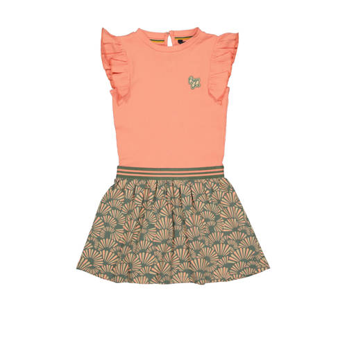 Quapi jurk BABS met all over print groen/oranje/roze Meisjes Katoen Ronde hals