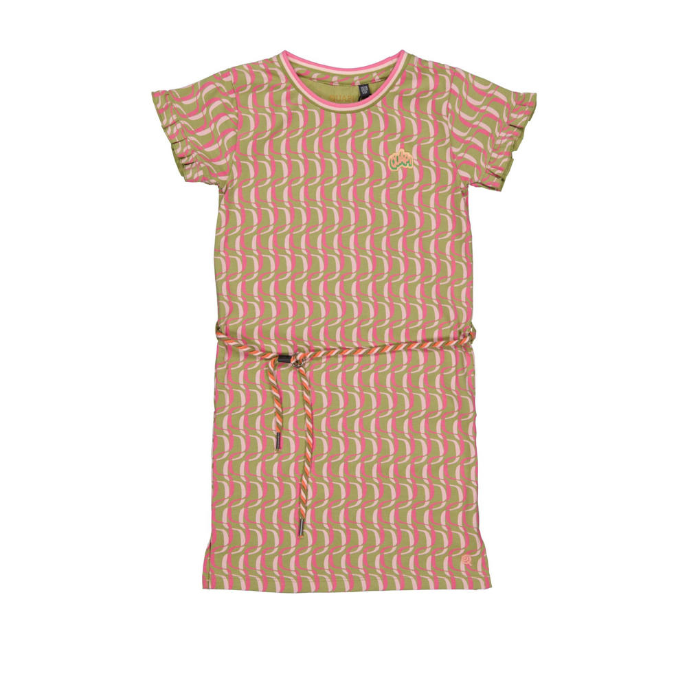 Lichtroze, roze en groene meisjes Quapi gestreepte T-shirtjurk donkerroze van katoen met korte mouwen, ronde hals en drukknoopsluiting