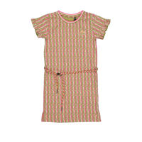 thumbnail: Lichtroze, roze en groene meisjes Quapi gestreepte T-shirtjurk donkerroze van katoen met korte mouwen, ronde hals en drukknoopsluiting