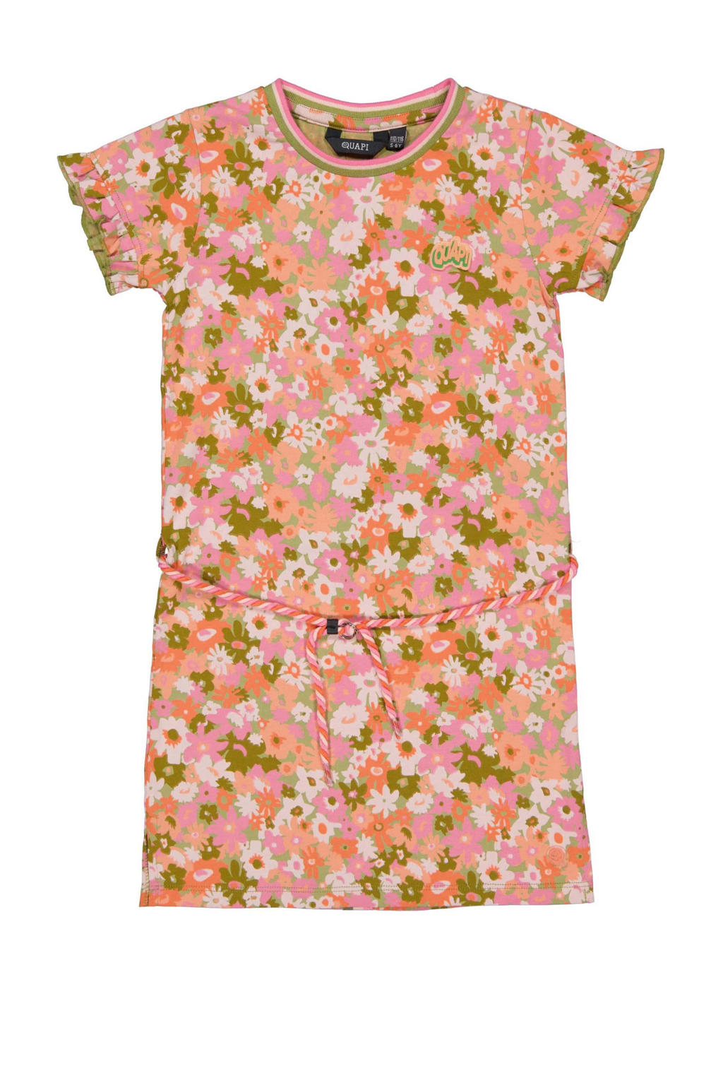 Roze, oranje en groene meisjes Quapi gebloemde T-shirtjurk van katoen met korte mouwen, ronde hals en drukknoopsluiting