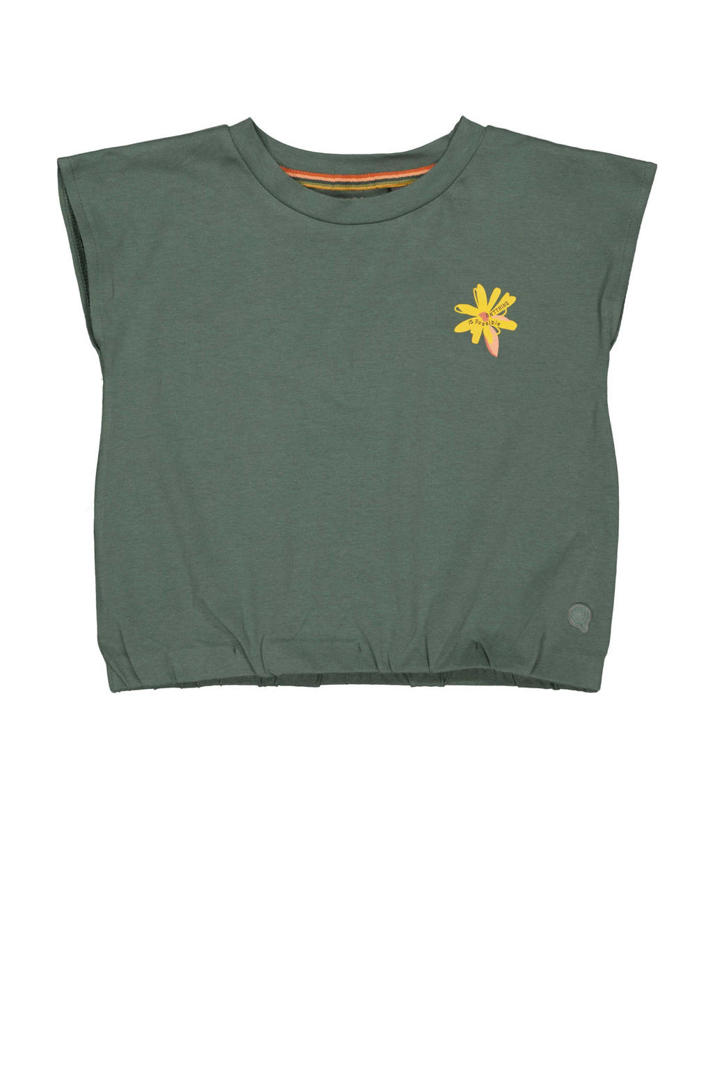 Groene meisjes Quapi T-shirt van katoen met effen, korte mouwen, ronde hals en drukknoopsluiting