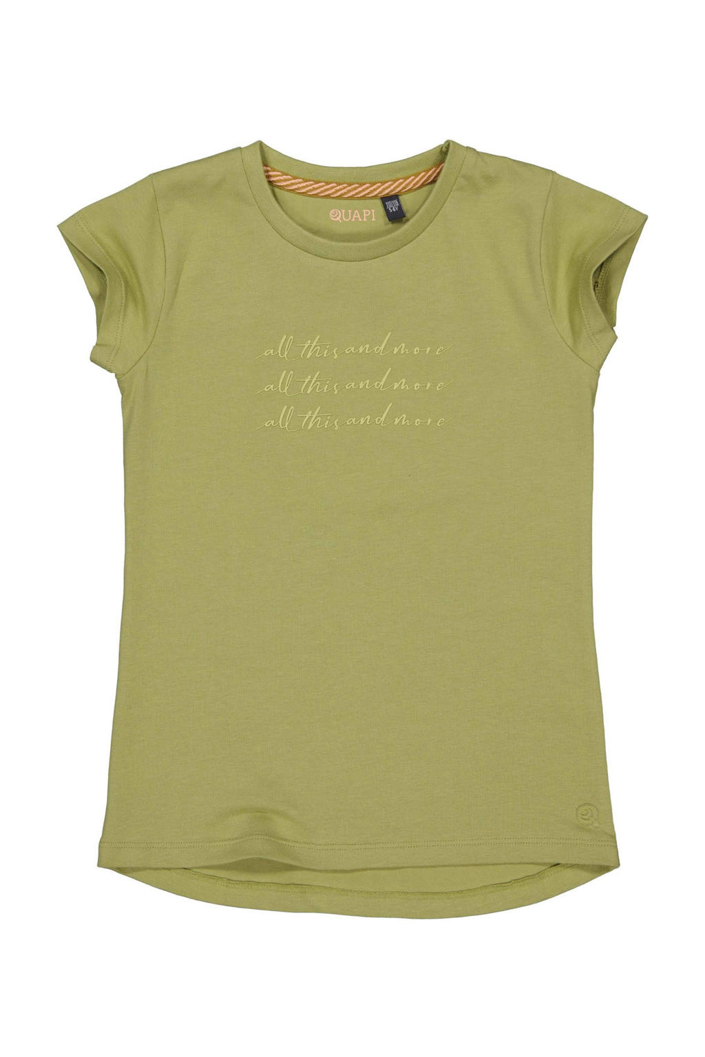 Groene meisjes Quapi T-shirt van katoen met effen, korte mouwen, ronde hals en drukknoopsluiting