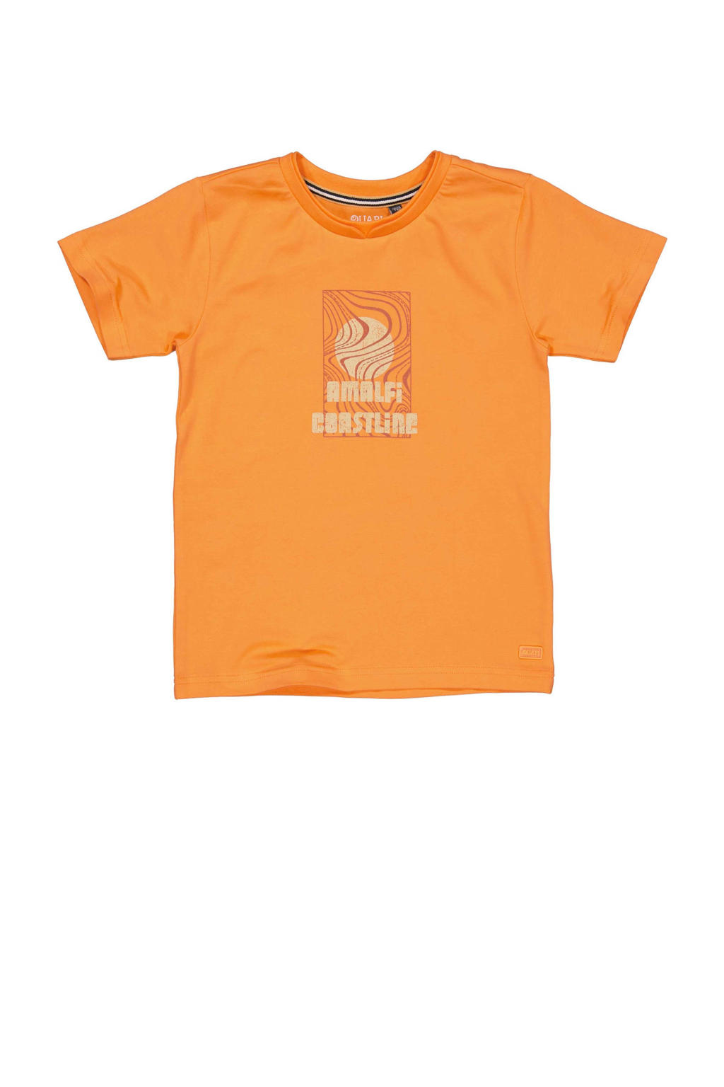 Oranje jongens Quapi T-shirt van katoen met effen, korte mouwen, ronde hals en drukknoopsluiting