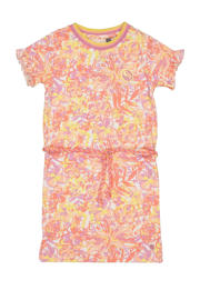 thumbnail: Roze, wit en gele meisjes Quapi gebloemde T-shirtjurk van katoen met korte mouwen, ronde hals en drukknoopsluiting