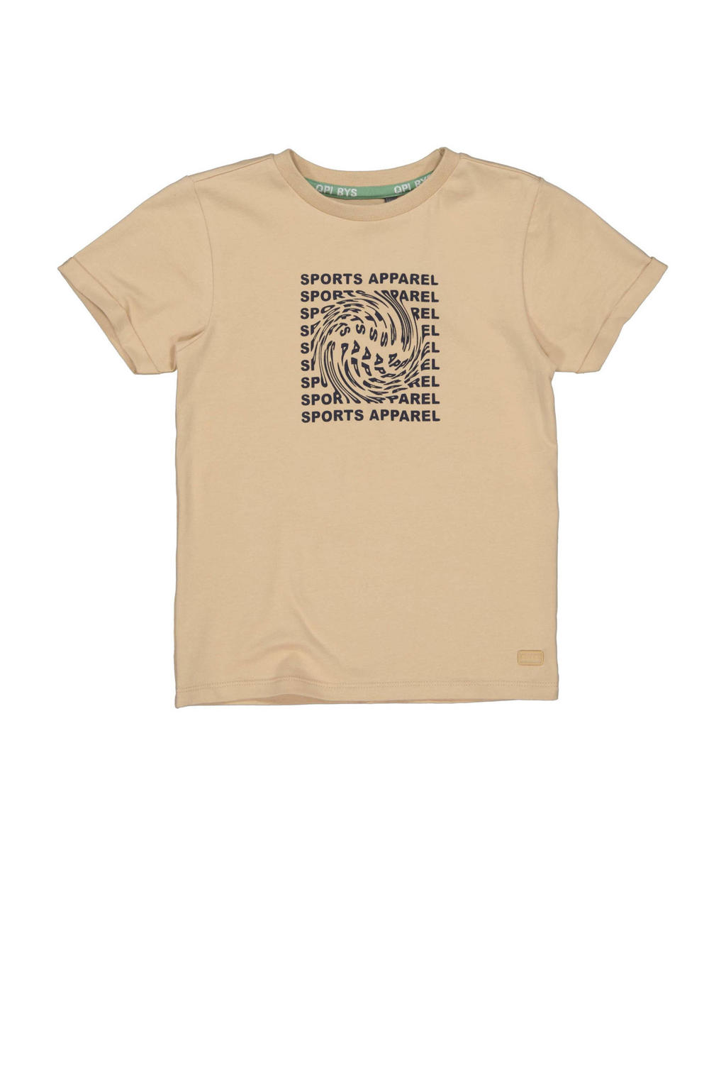Beige jongens Quapi T-shirt van katoen met printopdruk, korte mouwen, ronde hals en drukknoopsluiting