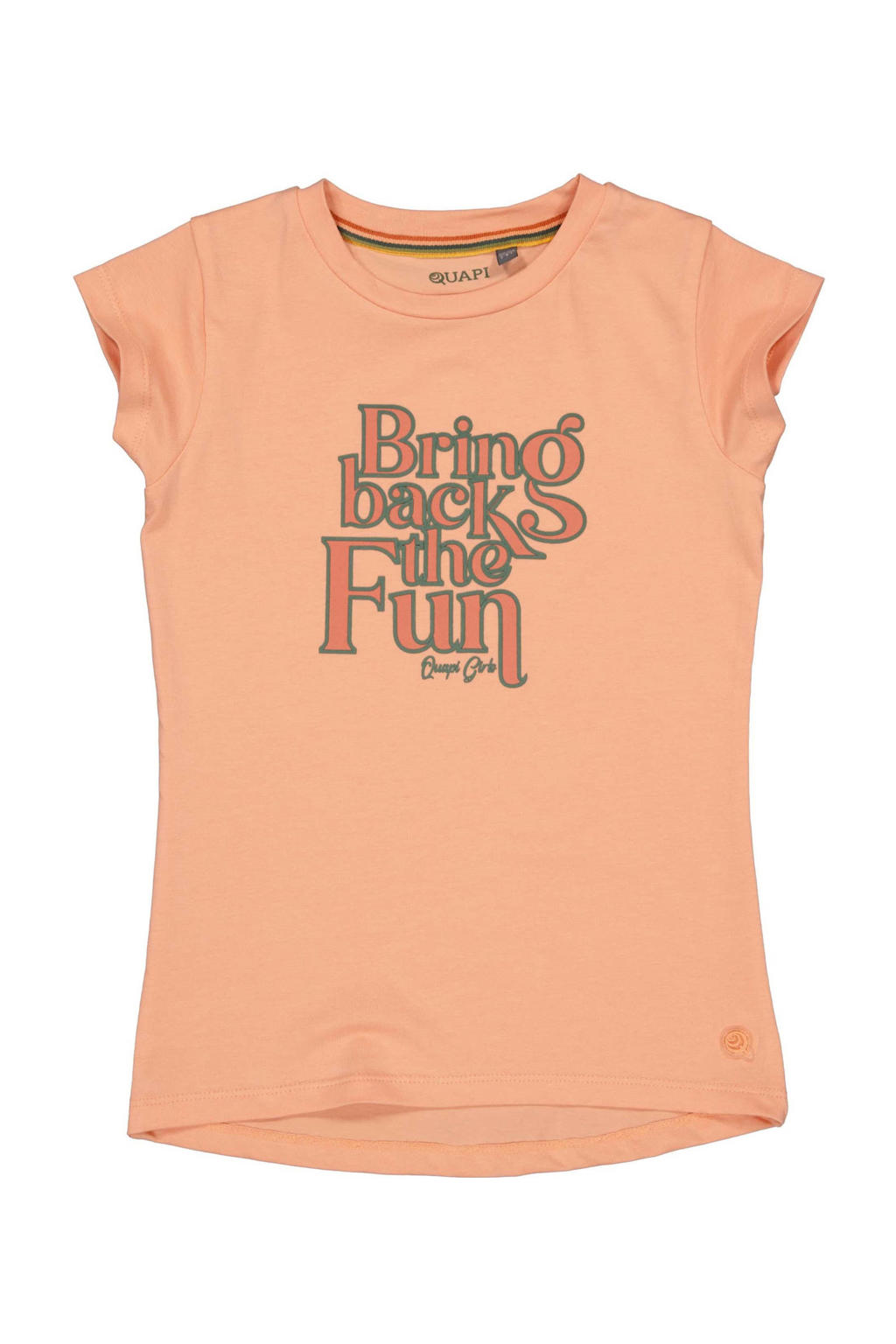 Oranje meisjes Quapi T-shirt van katoen met effen, korte mouwen, ronde hals en drukknoopsluiting