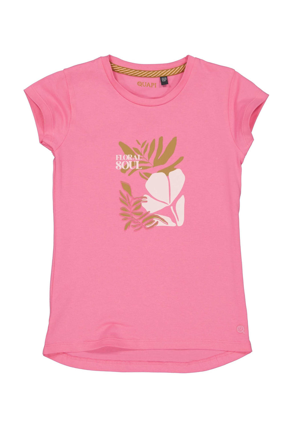 Roze meisjes Quapi T-shirt van katoen met printopdruk, korte mouwen, ronde hals en drukknoopsluiting