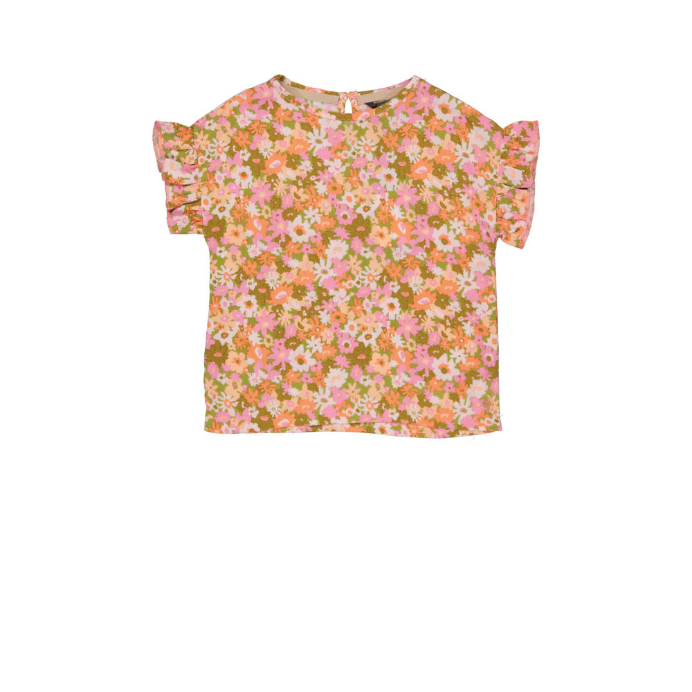 Lichtroze, roze en groene meisjes Quapi gebloemd T-shirt donkerroze van viscose met korte mouwen, ronde hals en knoopsluiting