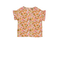 thumbnail: Lichtroze, roze en groene meisjes Quapi gebloemd T-shirt donkerroze van viscose met korte mouwen, ronde hals en knoopsluiting