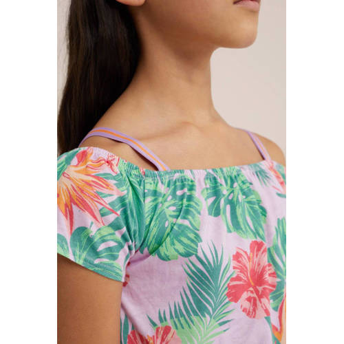 WE Fashion jumpsuit met all over print groen roze Meisjes Katoen Vierkante hals 98 104