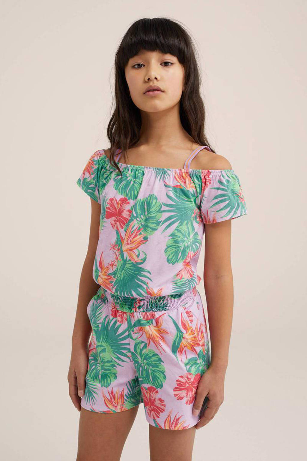 jumpsuit met all over print paars/groen/roze