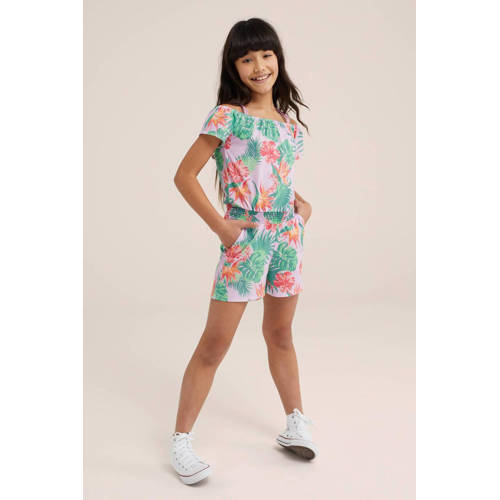 WE Fashion playsuit met all over print groen roze Meisjes Katoen Vierkante hals 98 104