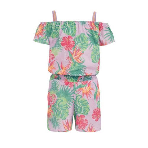 WE Fashion jumpsuit met all over print groen/roze Meisjes Katoen Vierkante hals