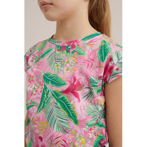 WE Fashion T-shirt met bladprint roze groen Meisjes Katoen Ronde hals Blad 110 116
