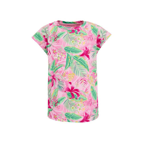 WE Fashion T-shirt met bladprint roze/groen Meisjes Katoen Ronde hals Blad