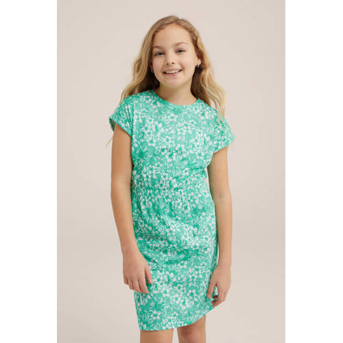 WE Fashion jurk met bladprint groen Meisjes Stretchkatoen Ronde hals Blad 98 104
