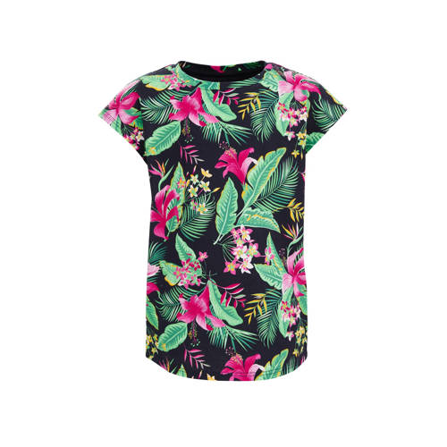 WE Fashion T-shirt met bladprint donkerblauw/groen/roze Meisjes Katoen Ronde hals