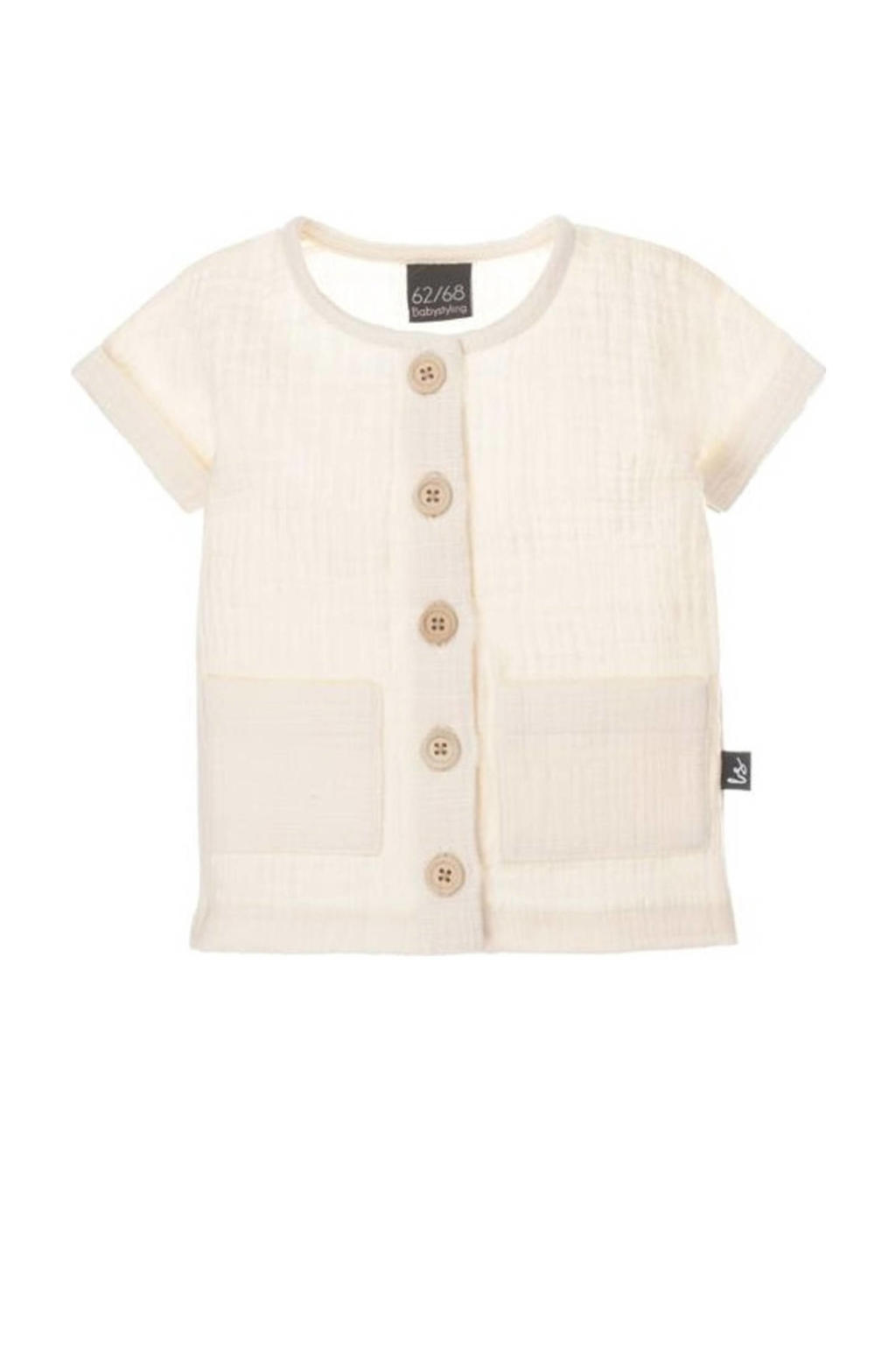 Zandkleurige jongens Babystyling baby overhemd van katoenlinnen met effen, korte mouwen, ronde hals, knoopsluiting en textuur