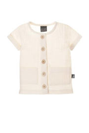 thumbnail: Zandkleurige jongens Babystyling baby overhemd van katoenlinnen met effen, korte mouwen, ronde hals, knoopsluiting en textuur