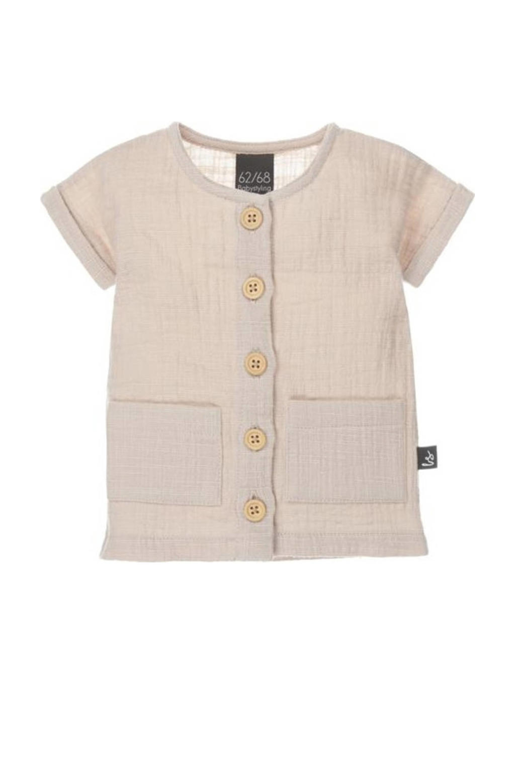 Zandkleurige jongens Babystyling baby overhemd van katoenlinnen met effen, korte mouwen, ronde hals, knoopsluiting en textuur