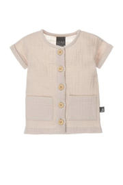 thumbnail: Zandkleurige jongens Babystyling baby overhemd van katoenlinnen met effen, korte mouwen, ronde hals, knoopsluiting en textuur