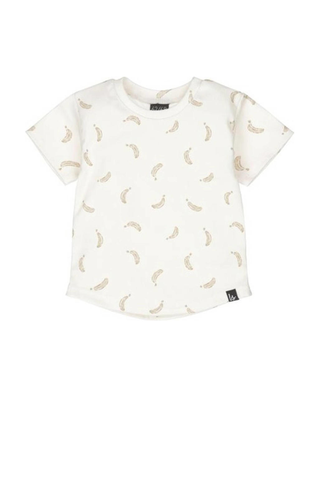Ecru en lichtbruine jongens Babystyling baby T-shirt van stretchkatoen met korte mouwen en ronde hals