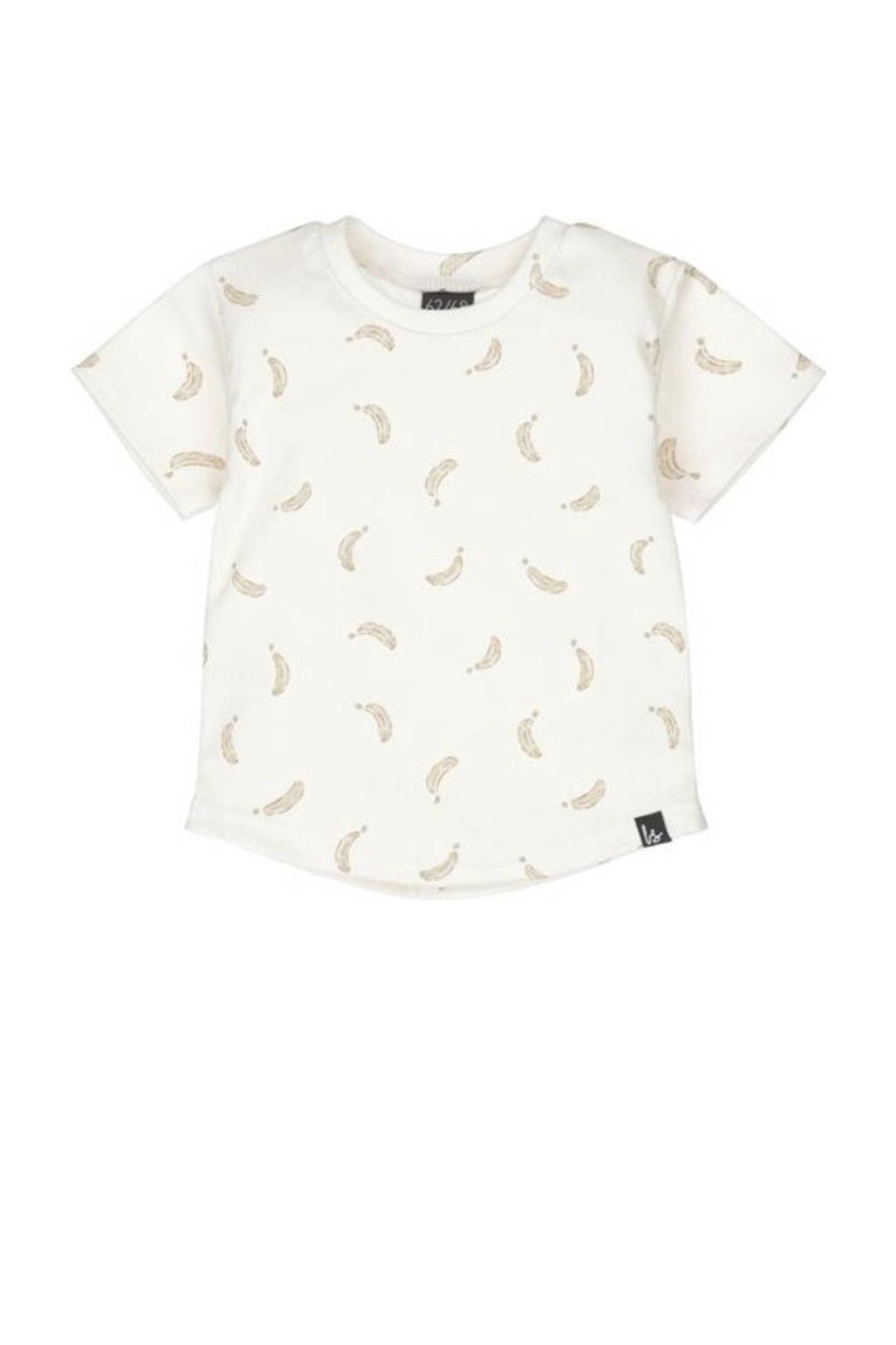 Ecru en lichtbruine jongens Babystyling baby T-shirt van stretchkatoen met korte mouwen en ronde hals