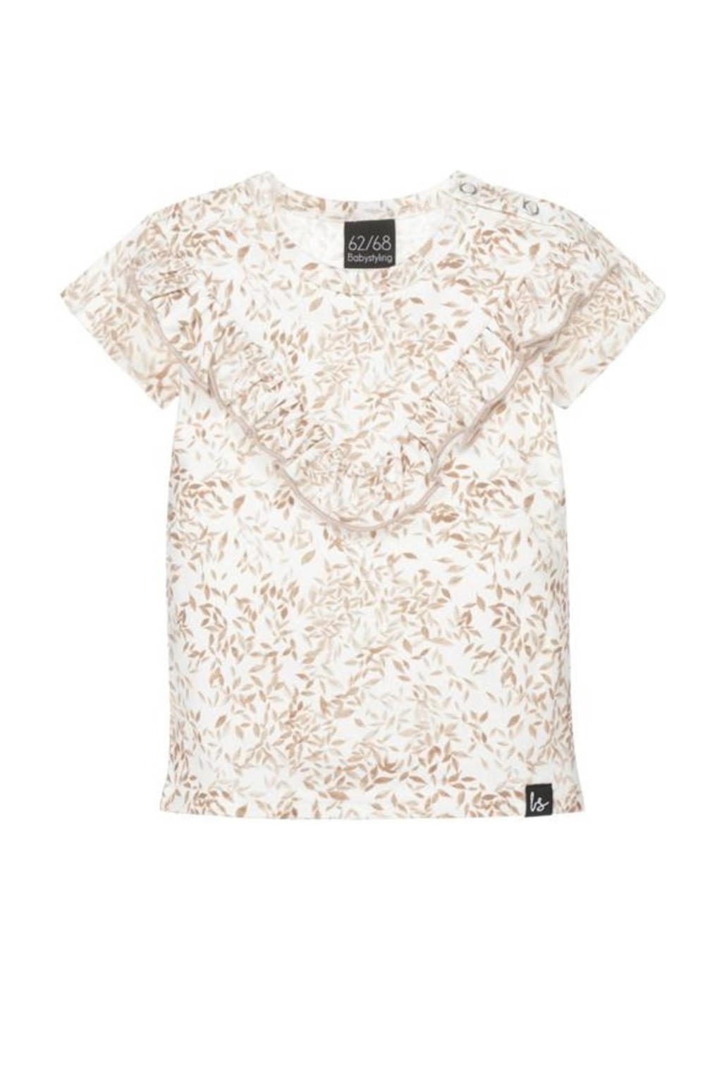 Wit en beige meisjes Babystyling baby gebloemd T-shirt van katoen met korte mouwen, ronde hals en ruches