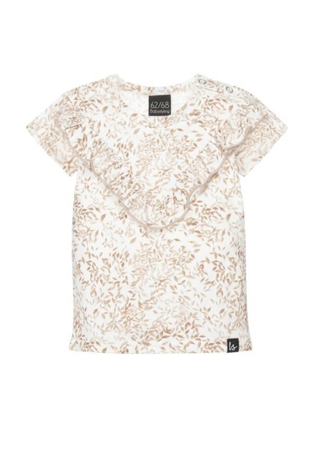Wit en beige meisjes Babystyling baby gebloemd T-shirt van katoen met korte mouwen, ronde hals en ruches