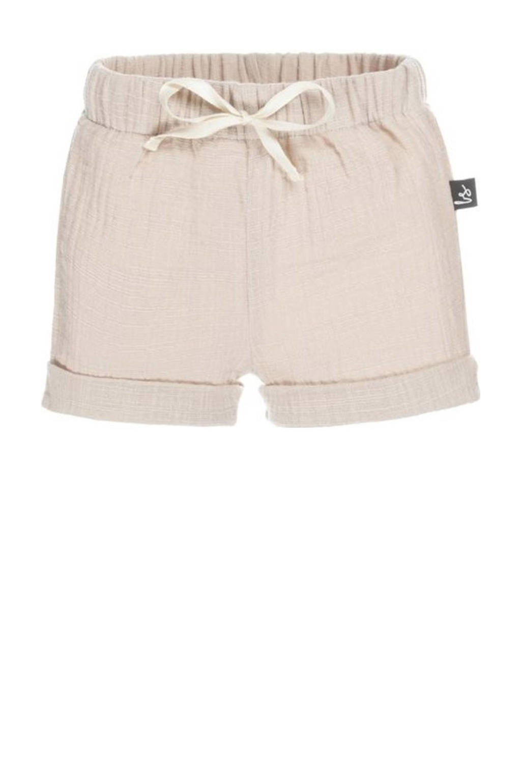 Zandkleurige jongens Babystyling baby casual short van katoenlinnen met elastische tailleband met koord en effen