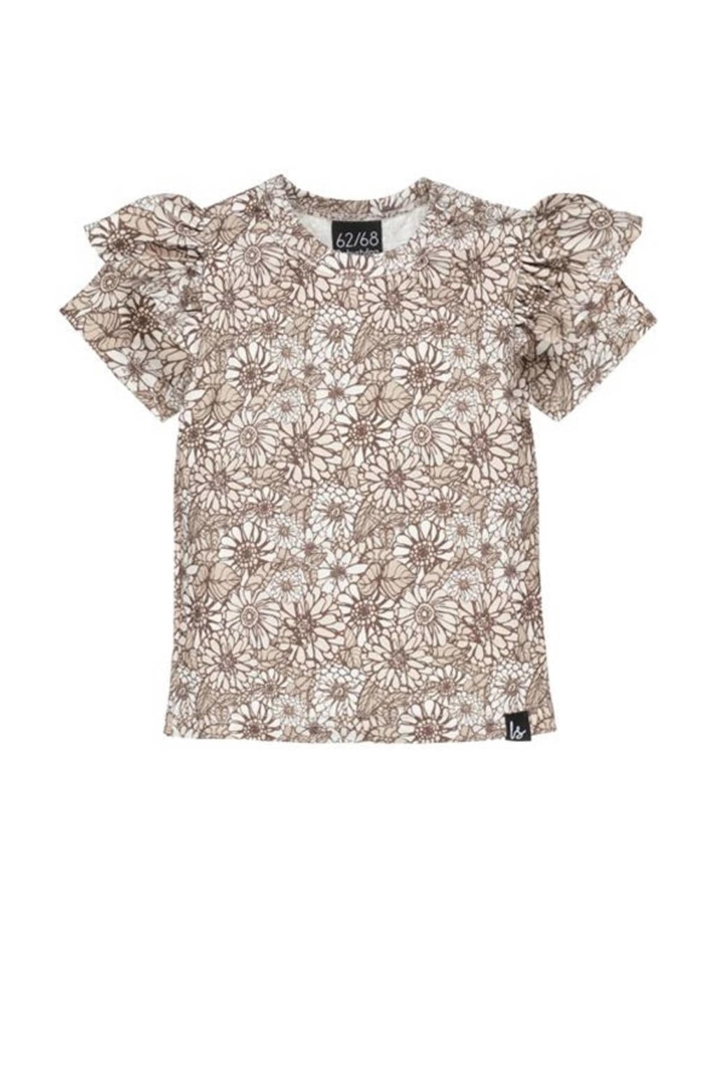 Beige meisjes Babystyling baby gebloemd T-shirt van katoen met korte mouwen, ronde hals en ruches