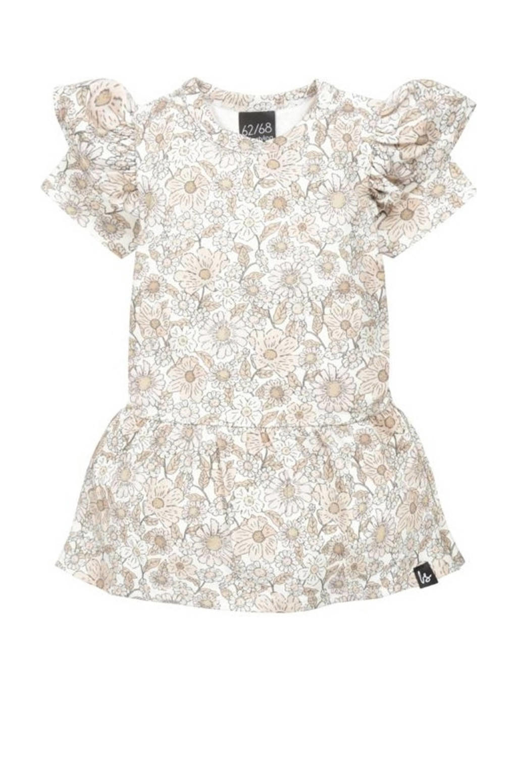 Beige en witte meisjes Babystyling gebloemde baby jurk van katoen met korte mouwen en ronde hals