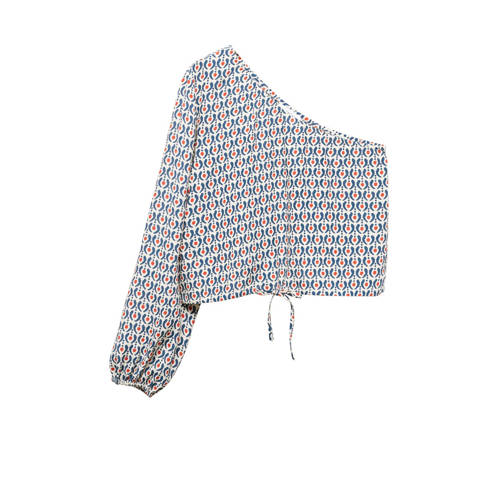 Mango Kids one shoulder top met all over print blauw/rood/wit Multi All over print - 152(XXS)