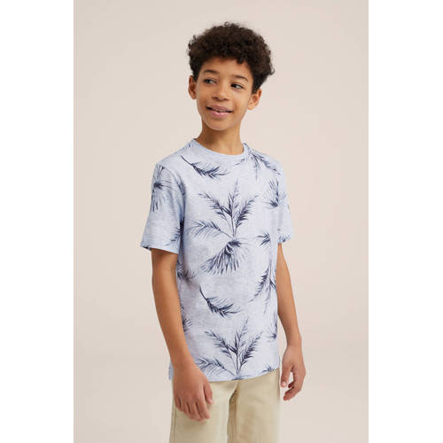 WE Fashion T-shirt met bladprint lichtgrijs blauw Jongens Katoen Ronde hals 98 104