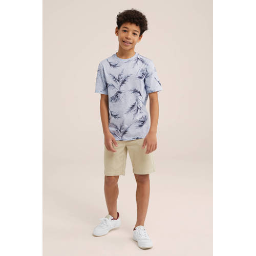 WE Fashion T-shirt met bladprint lichtgrijs blauw Jongens Katoen Ronde hals 98 104