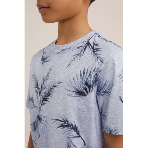 WE Fashion T-shirt met bladprint lichtgrijs blauw Jongens Katoen Ronde hals 98 104