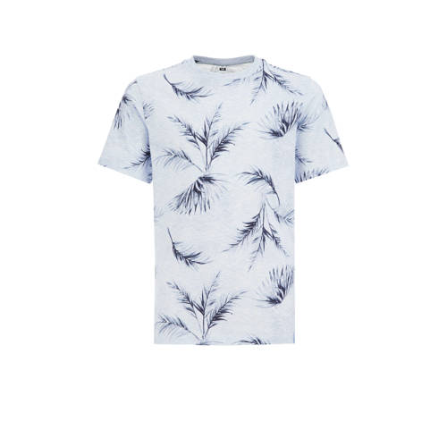 WE Fashion T-shirt met bladprint lichtgrijs/blauw Jongens Katoen Ronde hals