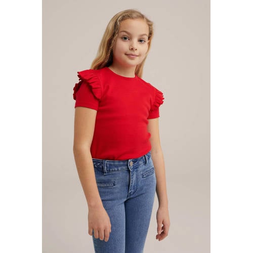 WE Fashion T-shirt rood Meisjes Stretchkatoen Ronde hals Effen 92